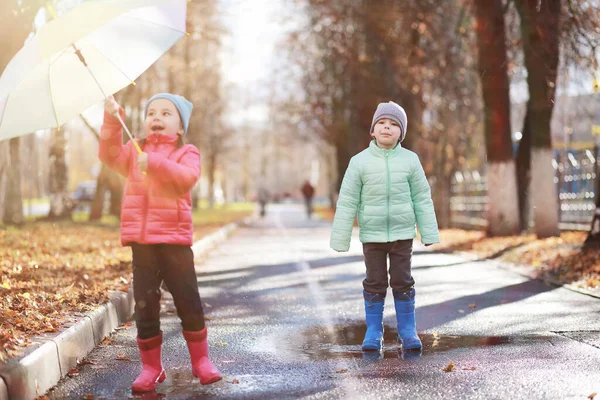 Παιδιά Περπατούν Στο Πάρκο Φθινόπωρο Φθινόπωρο — Φωτογραφία Αρχείου