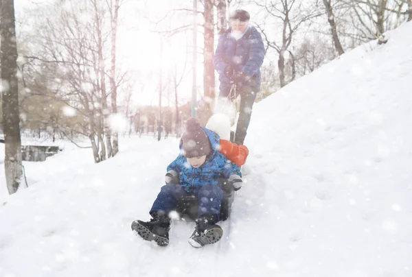 Gyerekek Parkban Télen Gyerekek Hóval Játszanak Játszótéren Hóembert Faragnak Lecsúsznak — Stock Fotó