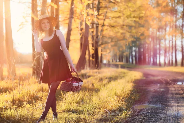 A girl in a hat on a walk in the park. A girl with a basket walks in autumn. Girl is walking along the road at sunset