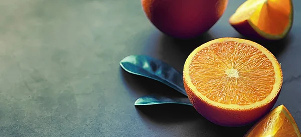 Orange citrus fruit on stone table. Orange background.