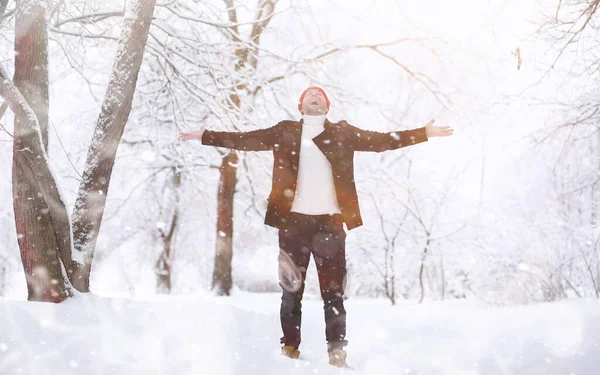 Man Walk Park Young Man Umbrella Winter Snowfall — Stock Photo, Image