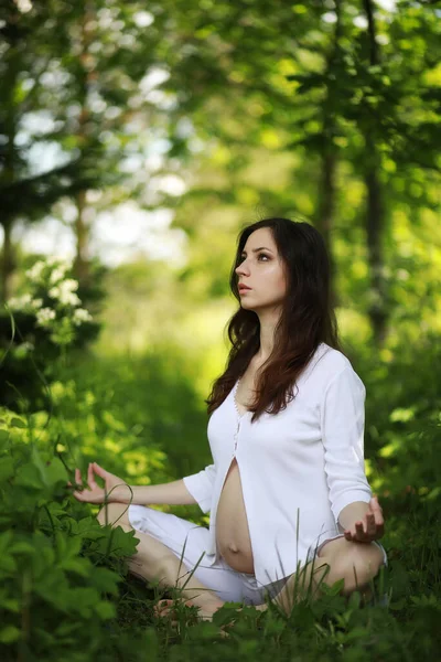 Mujer Embarazada Haciendo Ejercicio Yoga Naturaleza Verano —  Fotos de Stock