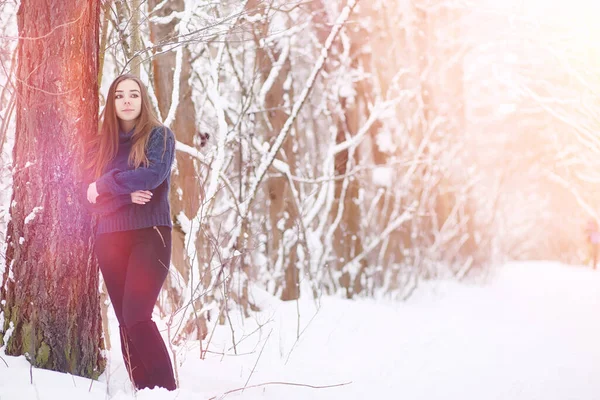 Mladá Dívka Zimním Parku Procházce Vánoční Prázdniny Zimním Lese Dívka — Stock fotografie