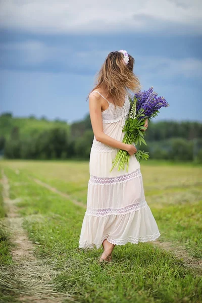 Beautiful Girl Bouquet Blue Flowers Nature Summer — Stock Photo, Image