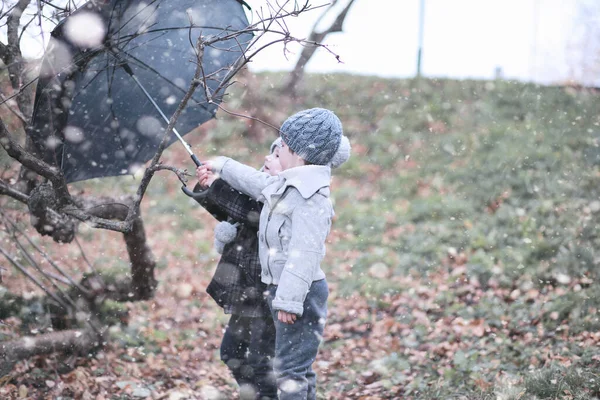 Děti Procházky Parku Prvním Sněhem — Stock fotografie