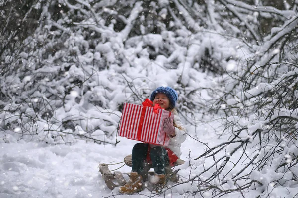 Kış Masalı Noel Büyülü Ormanında Yürüyüş Yapan Küçük Kız Parkta — Stok fotoğraf