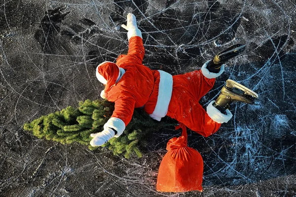 Papai Noel Apressa Para Encontrar Ano Novo Com Presentes Árvore — Fotografia de Stock