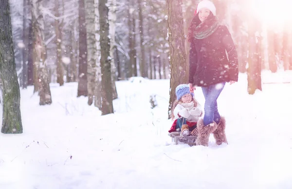 Conte Fées Hiver Une Jeune Mère Fille Chevauchent Traîneau Dans — Photo