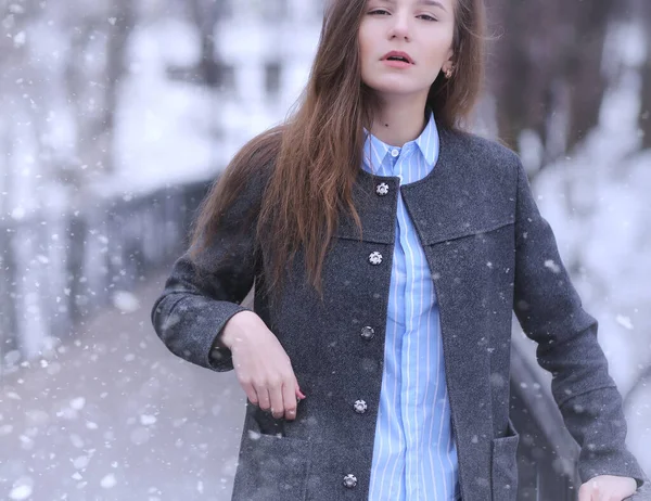 冬天在户外的年轻女孩 模特女孩在冬天的时候在户外摆姿势 街头漫步女孩的节日周末 — 图库照片
