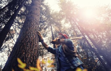 Ormanda ağaç kesen baltalı bir erkek işçi..