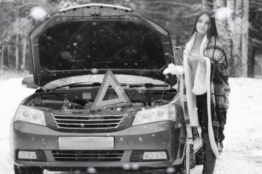 Kışın bulutlu bir günde, karla kaplı tarlalarda ve ormanlarda bir kız.