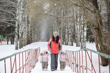 Çocuklar kışın parkta yürürler. Çocuklarla yürüyüşe çıkmış kış ormanı ailesi. Soğuk bir kış günü aile yürüyüşüdür.