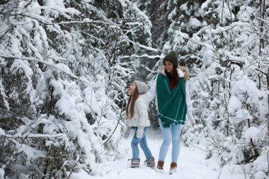 Genç bir aile yürüyüşe çıktı. Anne ve kızı karlı bir parkta yürüyorlar..
