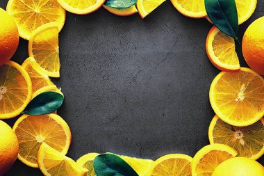 Taş masada turuncu turunçgil meyvesi. Turuncu arkaplan.