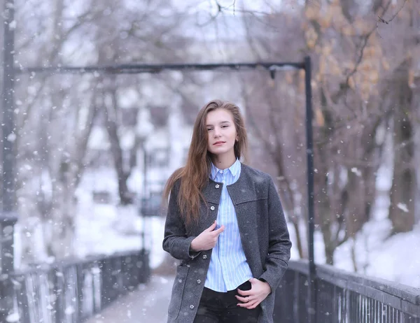 Jong Meisje Buiten Winter Model Meisje Poseren Buitenshuis Een Winterdag — Stockfoto