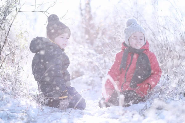 Les Enfants Marchent Dans Parc Avec Première Neige — Photo