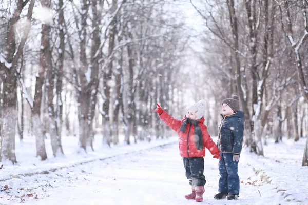 Les Enfants Marchent Dans Parc Avec Première Neige — Photo