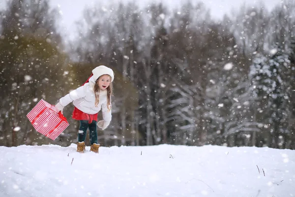 冬天的童话 小女孩在圣诞魔法森林里散步 新年前夕 公园里一个骑雪橇带着礼物的小孩 — 图库照片