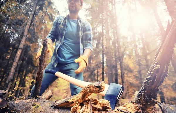 Trabajador Masculino Con Hacha Cortando Árbol Bosque — Foto de Stock