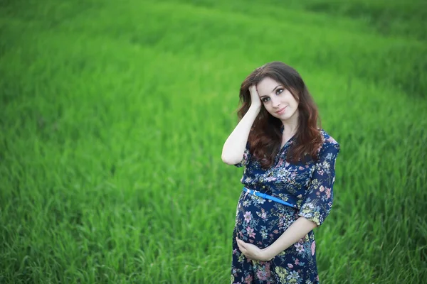 Έγκυος Κορίτσι Ένα Φόρεμα Στη Φύση Ένα Wal — Φωτογραφία Αρχείου