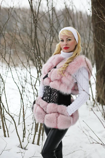Блондинка Прогулке Зимнем Парке Облачно — стоковое фото