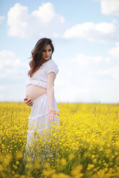 Έγκυος Γυναίκα Ένα Φόρεμα Έναν Τομέα Των Λουλουδιών — Φωτογραφία Αρχείου