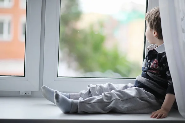 Little Boy Reading Book Child Sits Window Prepares Lessons Boy — Stock Photo, Image