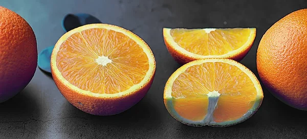 Orange citrus fruit on stone table. Orange background.