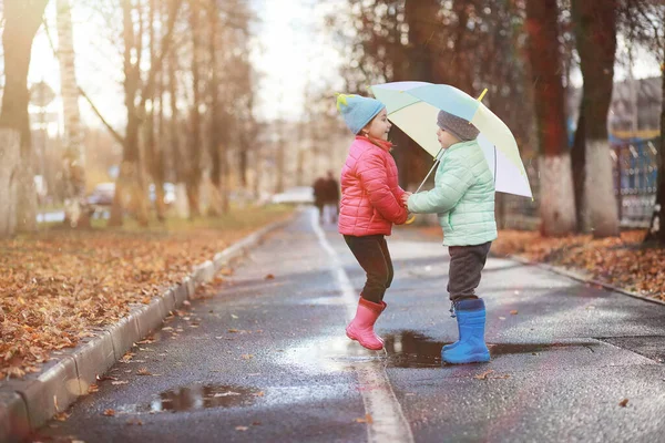 Gyerekek Ősszel Sétálnak Őszi Parkban — Stock Fotó