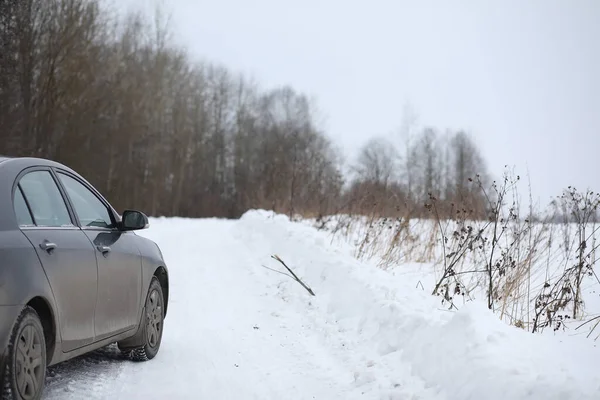 Car Snowy Winter Road Fields — Stock Photo, Image