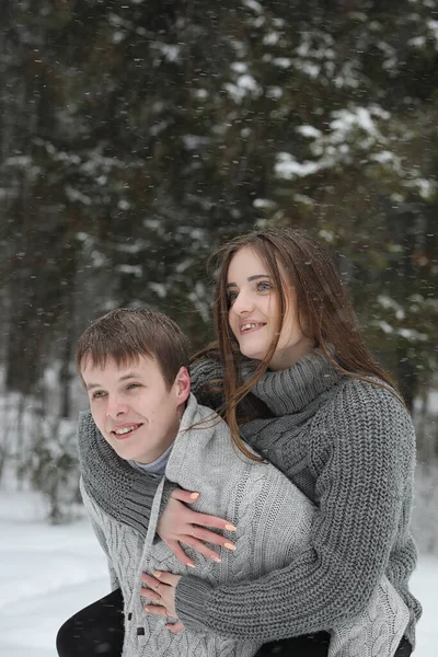 Pair Lovers Date Winter Afternoon Snow Blizzard — Stock Photo, Image