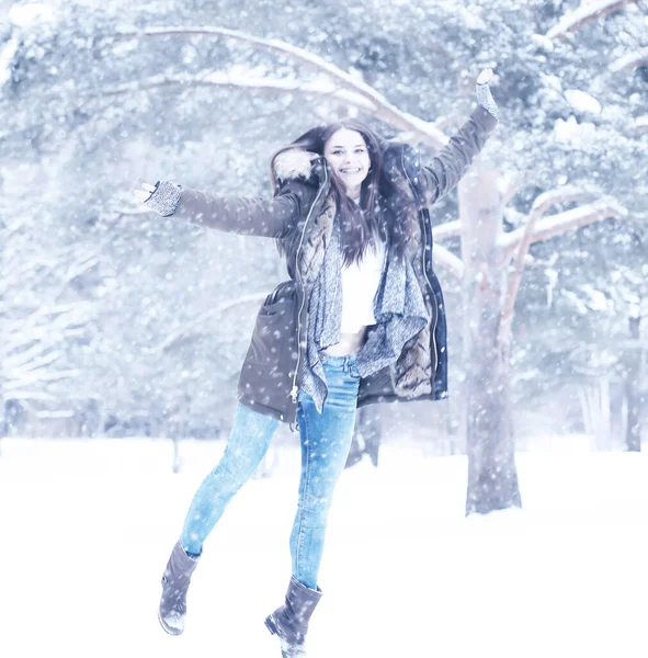Gadis Cantik Hari Yang Indah Salju Musim Dingin Taman — Stok Foto