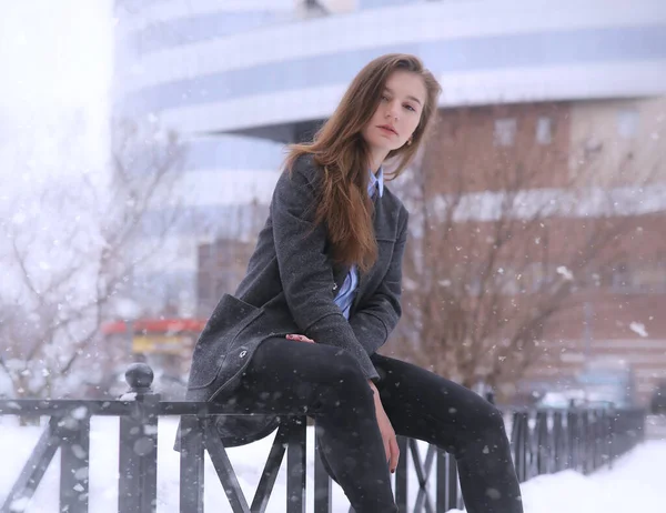 Νεαρό Κορίτσι Εξωτερικούς Χώρους Χειμώνα Κορίτσι Μοντέλο Ποζάρει Εξωτερικούς Χώρους — Φωτογραφία Αρχείου