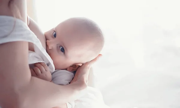 产妇概念 一位年轻的母亲喂她的小宝宝 引诱和哺乳 身穿白衣的大家庭 — 图库照片