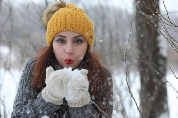 Belle Fille Dans Beau Parc Hiver Pour Une Promenade — Photo