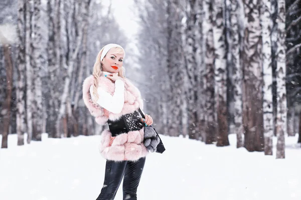 Menina Loira Passeio Parque Inverno Com Nublado — Fotografia de Stock