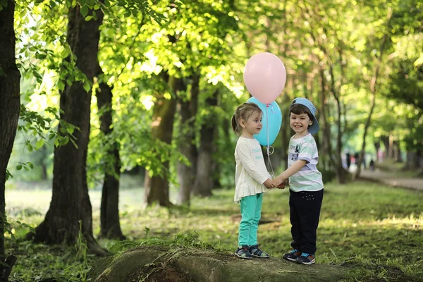 Niños Pequeños Están Caminando Parque Con Globos —  Fotos de Stock