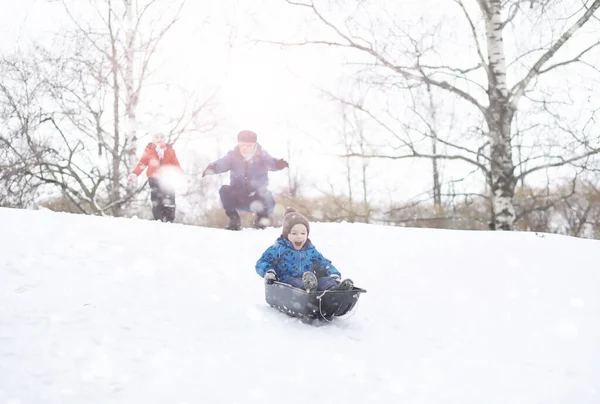 Kinderen Het Park Winter Kinderen Spelen Met Sneeuw Speelplaats Boetseren — Stockfoto