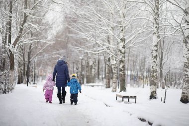Karla kaplı Kış park ve banklar. Park ve ördek ve güvercin besleme iskelesi. Sonbahar park aile yürüyüşe kar kaplı