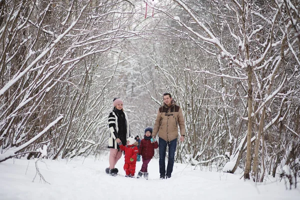 Giovani Famiglie Con Bambini Camminano Nel Parco Invernale Passeggiata Invernale — Foto Stock