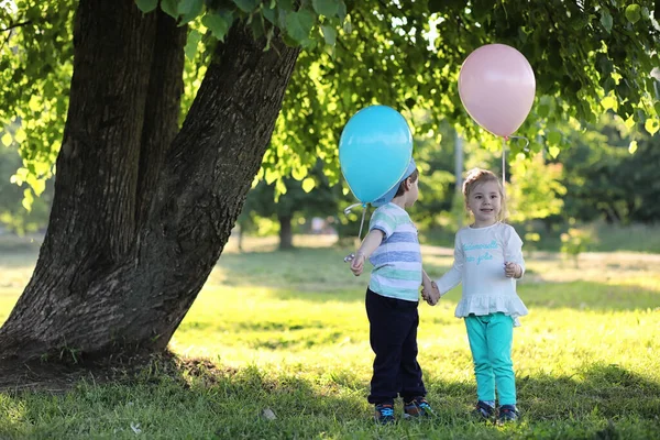 Niños Pequeños Están Caminando Parque Con Globos —  Fotos de Stock