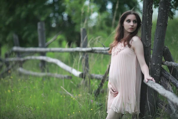 Menina Grávida Vestido Natureza Wal — Fotografia de Stock