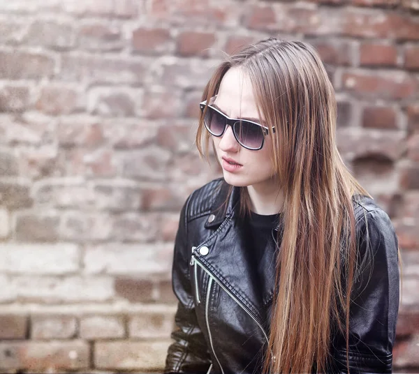 Beautiful Young Girl Rocker Electric Guitar Rock Musician Girl Leather — Stock Photo, Image