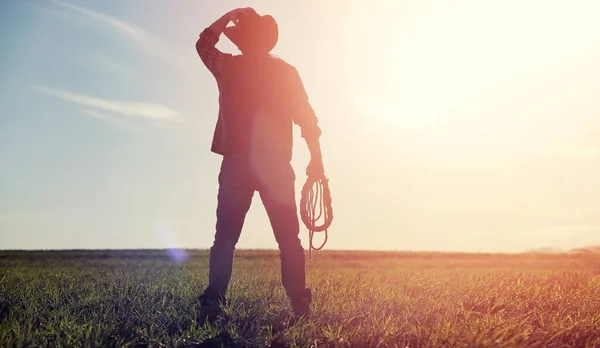 Cowboyhatt Och Loso Ute Fältet Amerikansk Bonde Ett Fält Med — Stockfoto