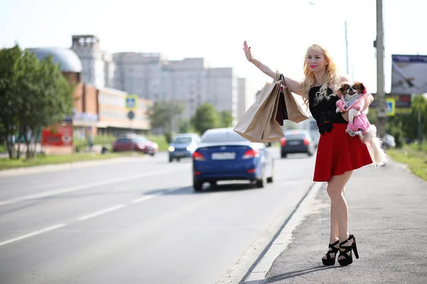 Belle Jeune Blonde Promenade Avec Petit Chien — Photo