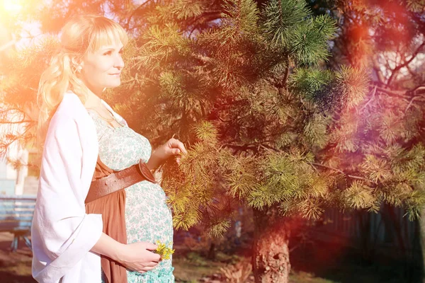 怀孕的女孩在公园里散步 女孩在城市公园的腹部 未来的妈妈在公园里散步 — 图库照片