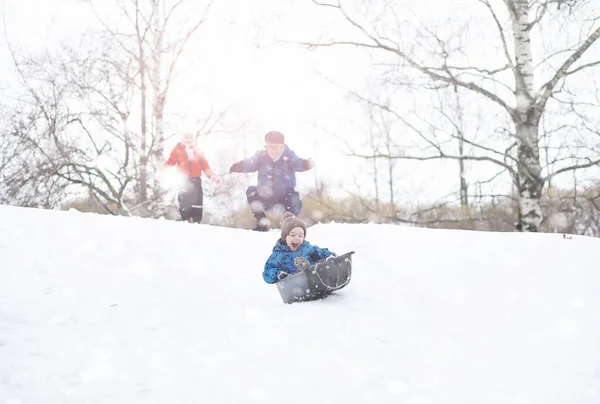 Kinderen Het Park Winter Kinderen Spelen Met Sneeuw Speelplaats Boetseren — Stockfoto