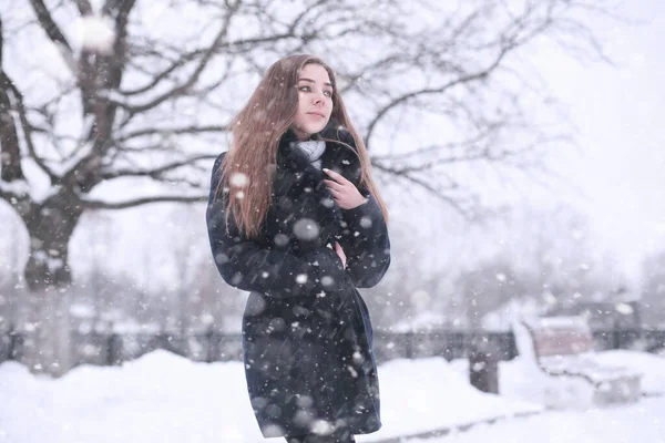 Fille Dans Parc Hiver Après Midi Chute Neige — Photo