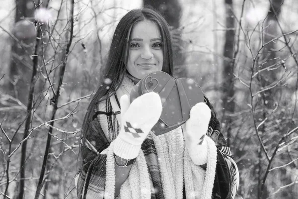Ένα Κορίτσι Μια Συννεφιασμένη Χειμωνιάτικη Μέρα Χιονισμένα Χωράφια Και Δάση — Φωτογραφία Αρχείου
