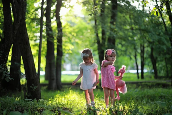 Dos Niñas Gemelas Paseando Por Parque —  Fotos de Stock